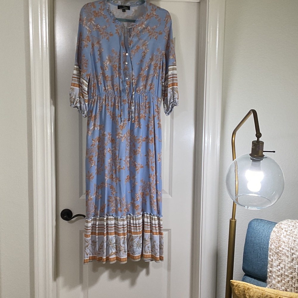 Light Blue Floral Midi Dress with Brown Accents